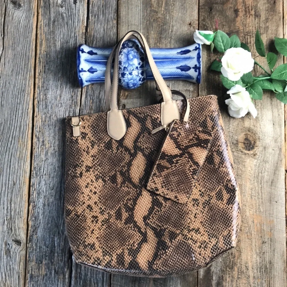 Charming Charlie Brown Snakeskin Tote with Wristlet and Strap - Picture 2 of 8